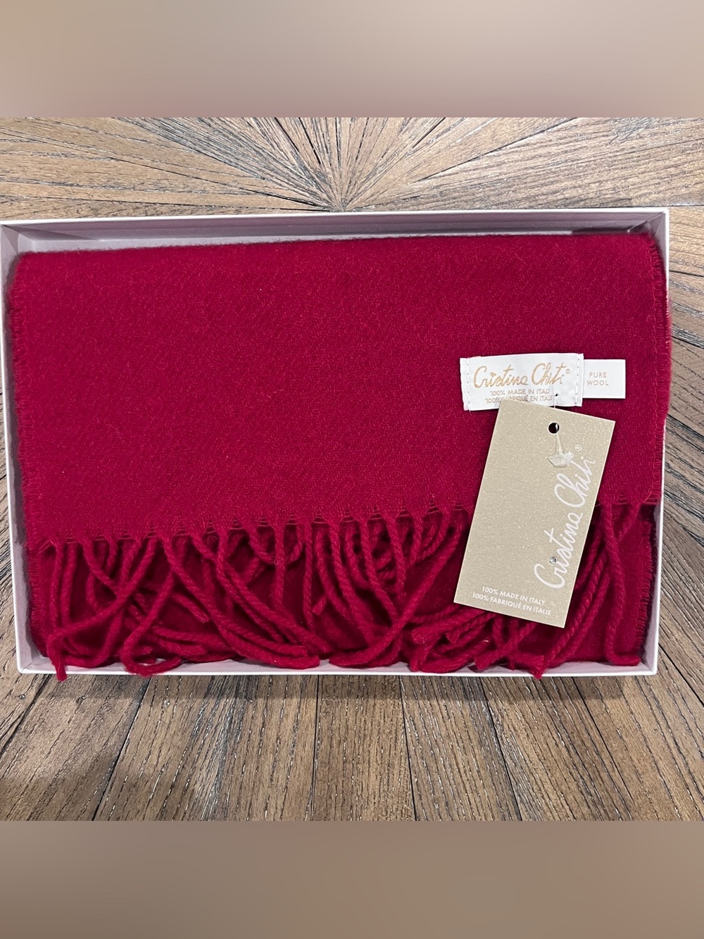 Cristina Chiti Scarf Womens OS Red 100% Wool Made In Italy Fringe Luxury